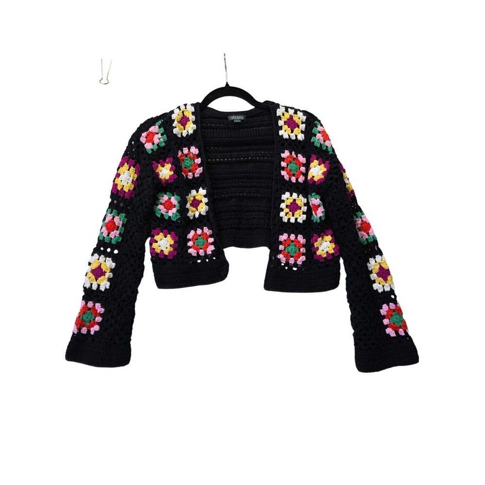 Wild Fable Black Crochet Granny Square Cropped Cardigan Sweater Small Boho